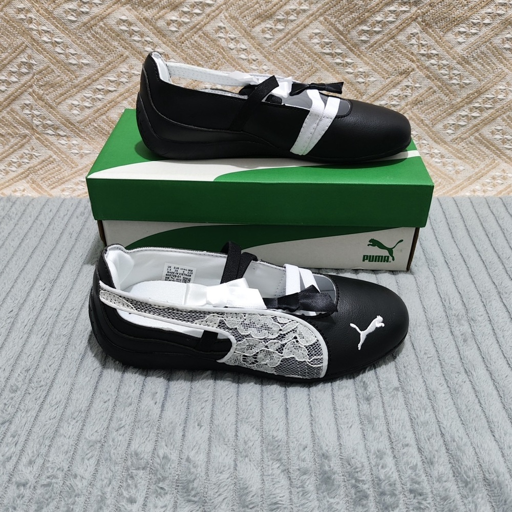 Puma Black and White Girls Lace Ballet Flats with Crossover Straps - Picture 4 of 5